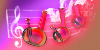 An illustration of pink bongs floating next to a staff note